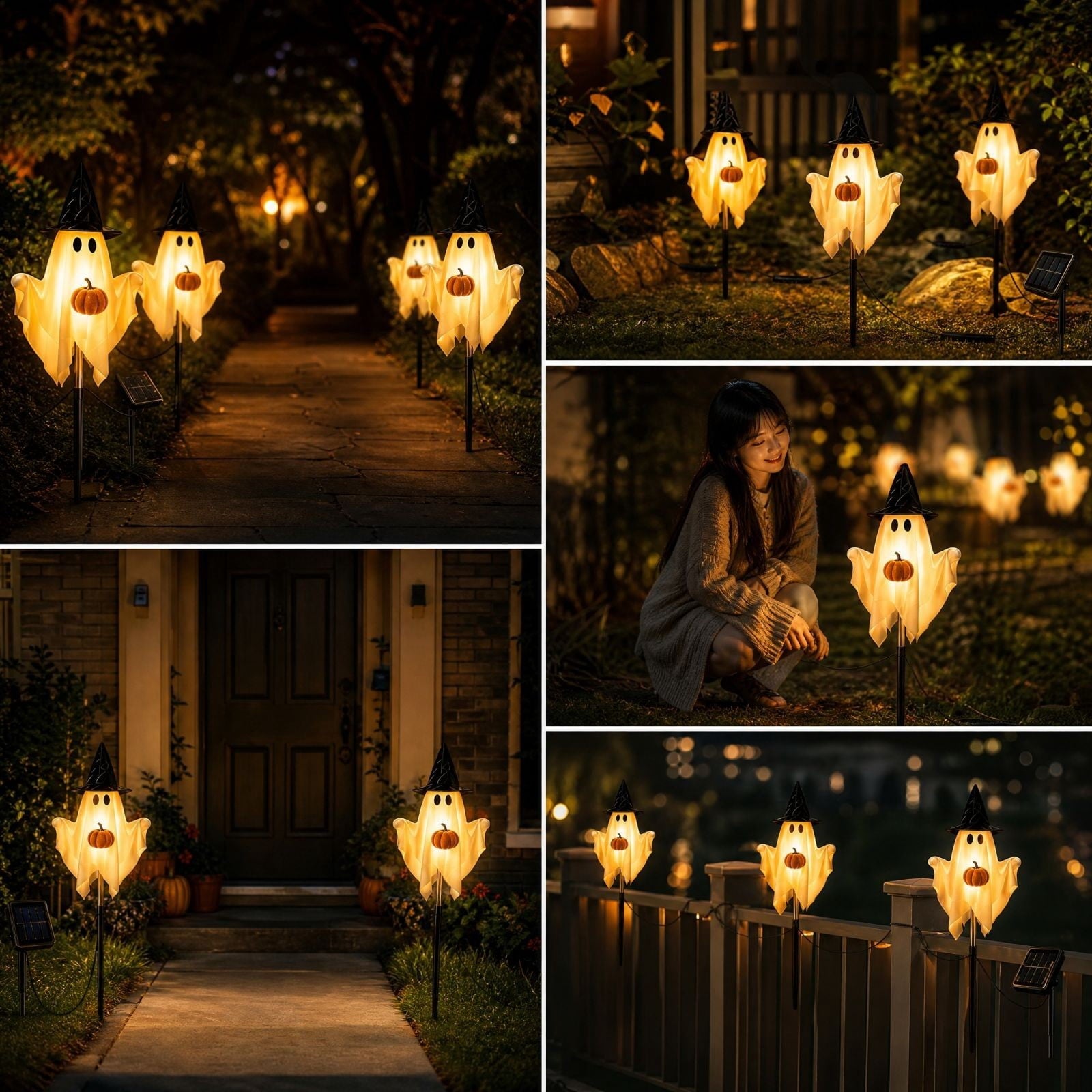 1-Pack Halloween Solar Lights with 8 Lighting Modes - Light Up Ghost Decorations for Outdoor, Witch Hat With Dimensional Pumpkin Halloween Ghost Path Lights