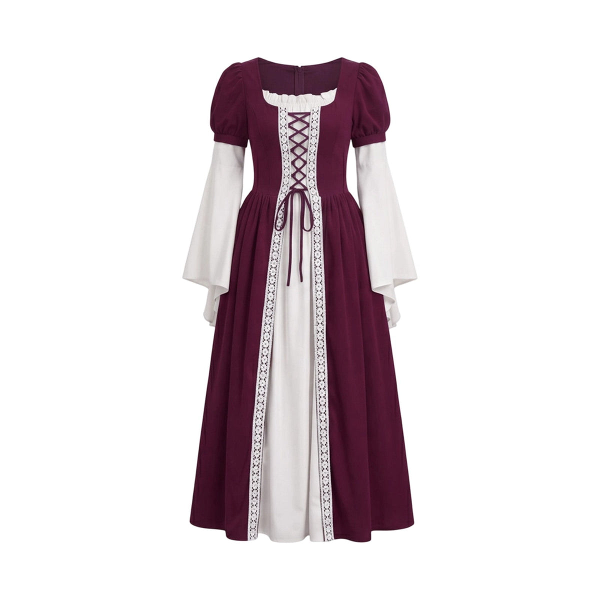 Hurxie Renaissance Costume Women Peasant Medieval Dress Maxi Fairy Dresses with Bell Sleeve Vintage Ren Faire Outfit