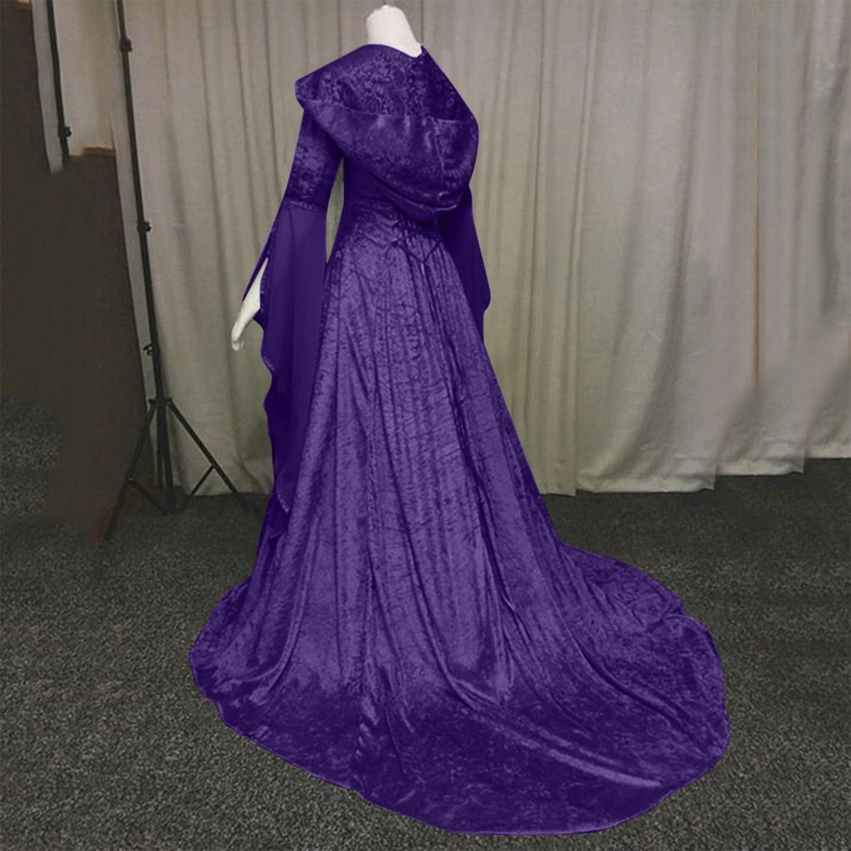 Medieval Renaissance Hooded Dress for Women, Silver Gothic Witch Costume with Lace-Up Corset, Vintage Velvet Long Sleeve Gown for Halloween Cosplay Renaissance Wedding Themed Party-Dark Blue/L
