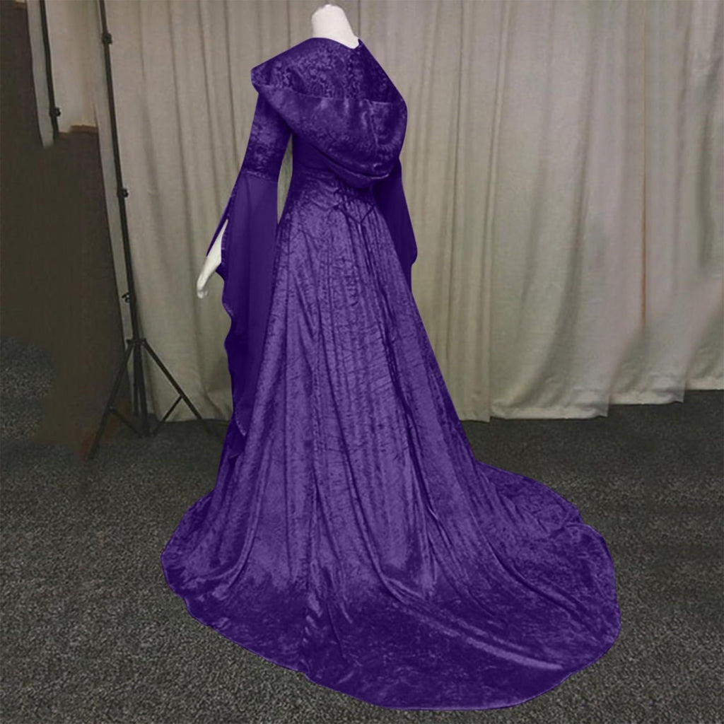 Women Gothic Cold Shoulder Midi Dress, Sheer Flare Bell Sleeve Front Corset Irregular Witch Costume Dress, Adult Halloween Dark Aesthetic Vintage Formal Evening Cosplay Party Outfit(Navy-2/M)