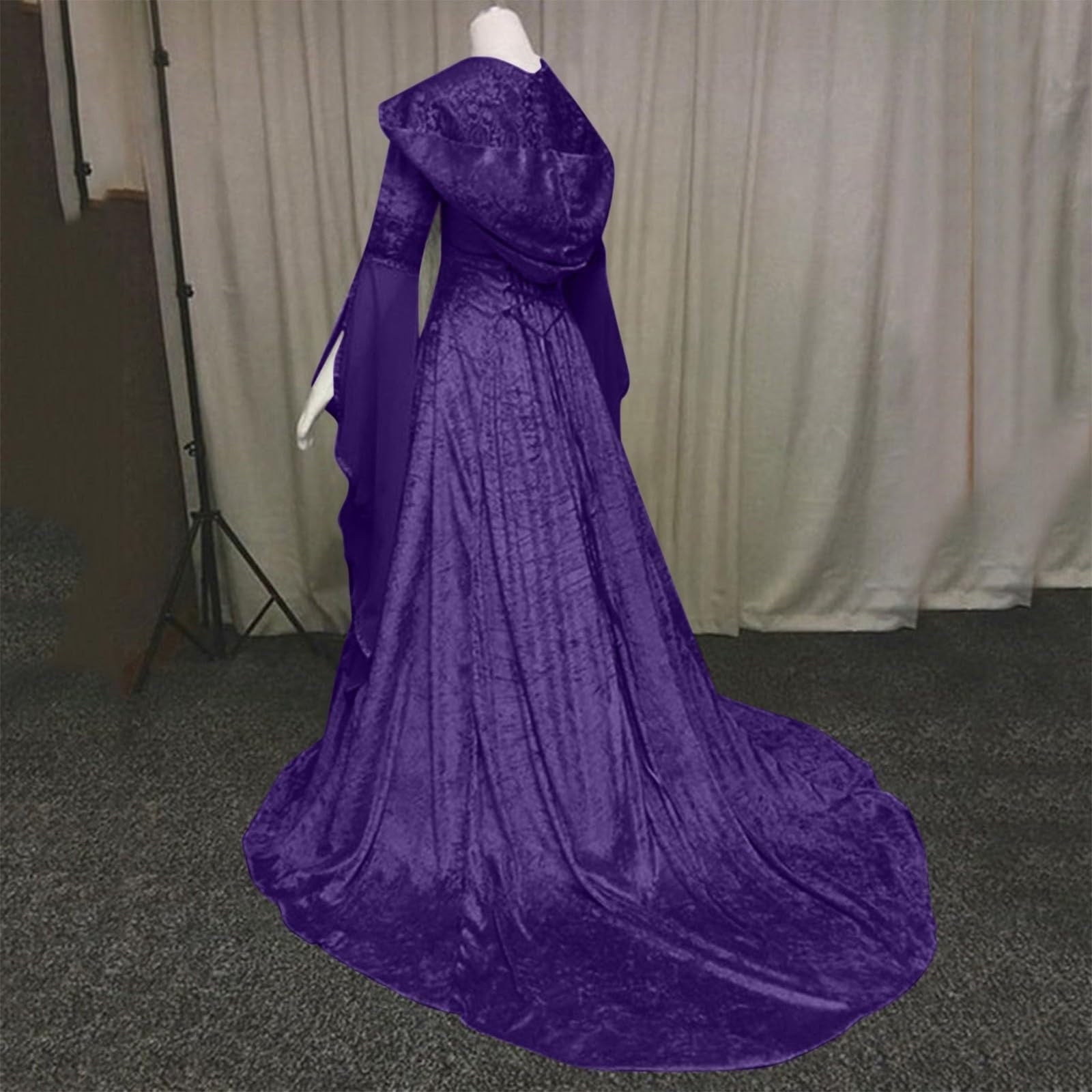 Women Gothic Cold Shoulder Midi Dress, Sheer Flare Bell Sleeve Front Corset Irregular Witch Costume Dress, Adult Halloween Dark Aesthetic Vintage Formal Evening Cosplay Party Outfit(Navy-2/M)