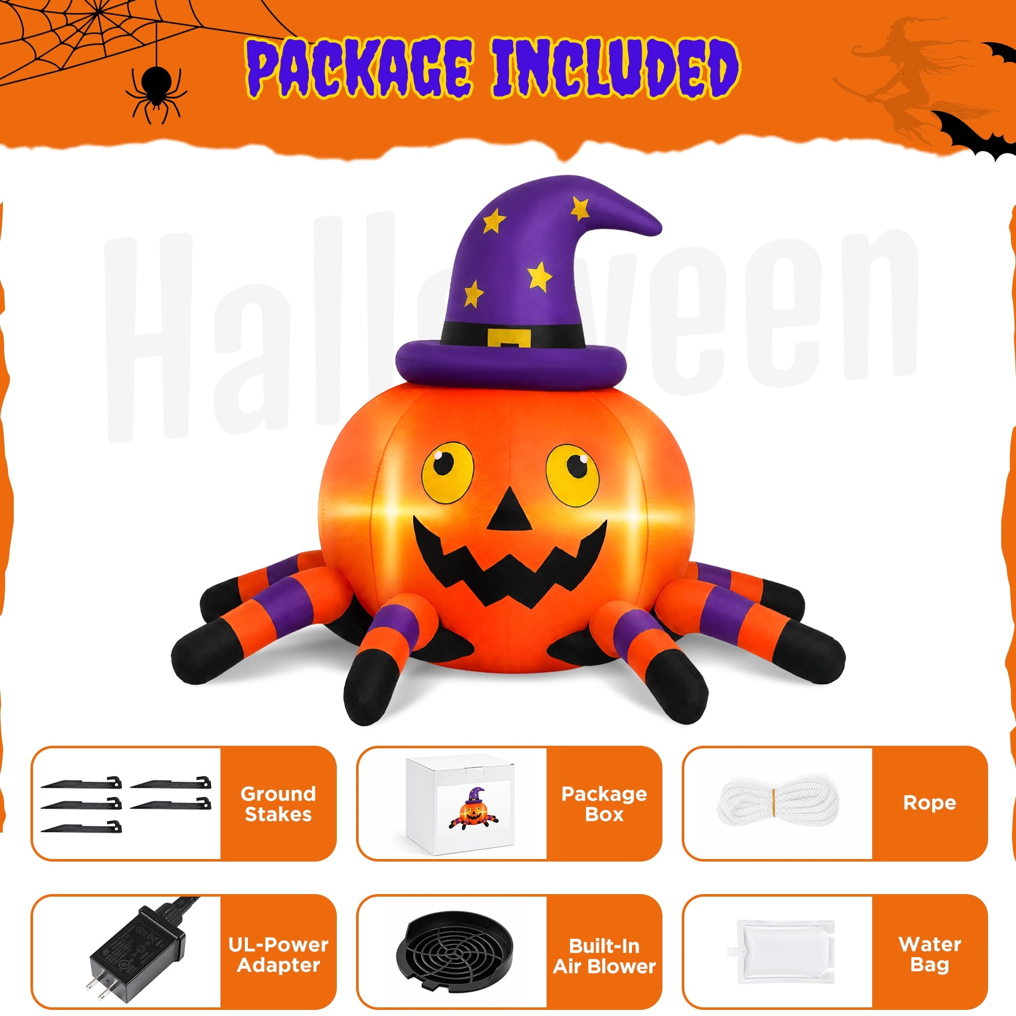 Firstness 6.2FT Halloween Inflatable Decorations Pumpkin Spider with LED Lights, Halloween Blow Ups for Yard Party