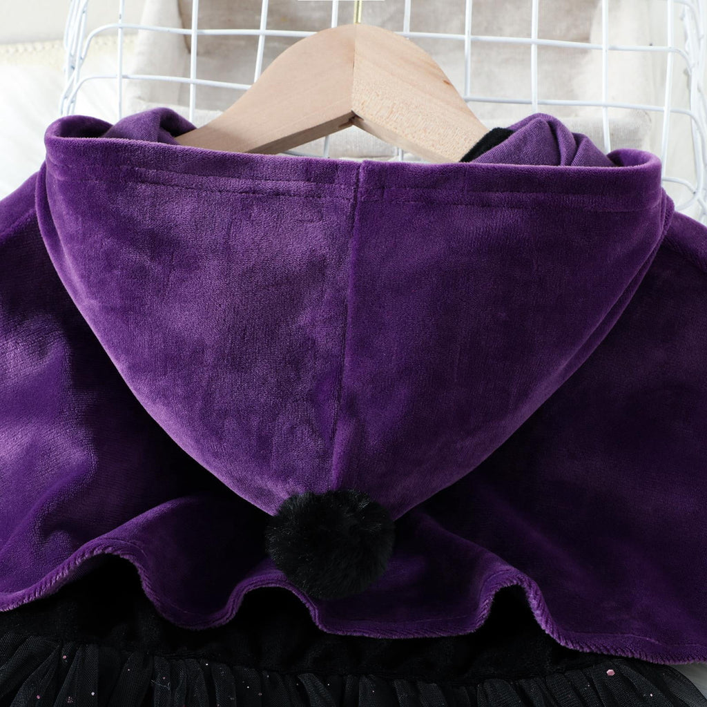 WIBACKER 1-6T Toddler Girls Witch Costume Kids Halloween Party Cosplay Ball Gown Tulle Dress with Plush Hooded Cape Shawl Set