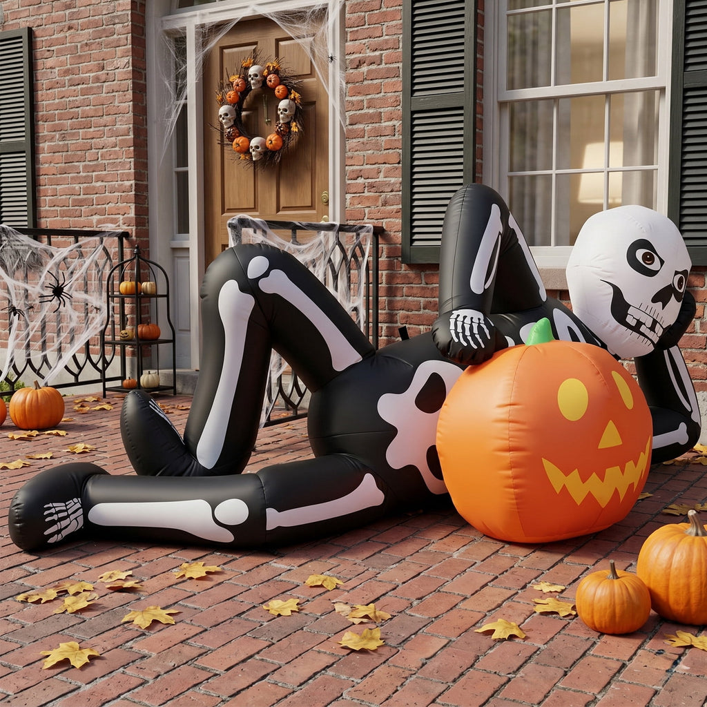 7ft Halloween Inflatable Lying Skeleton with 7 LED Lights for Lawn Decor