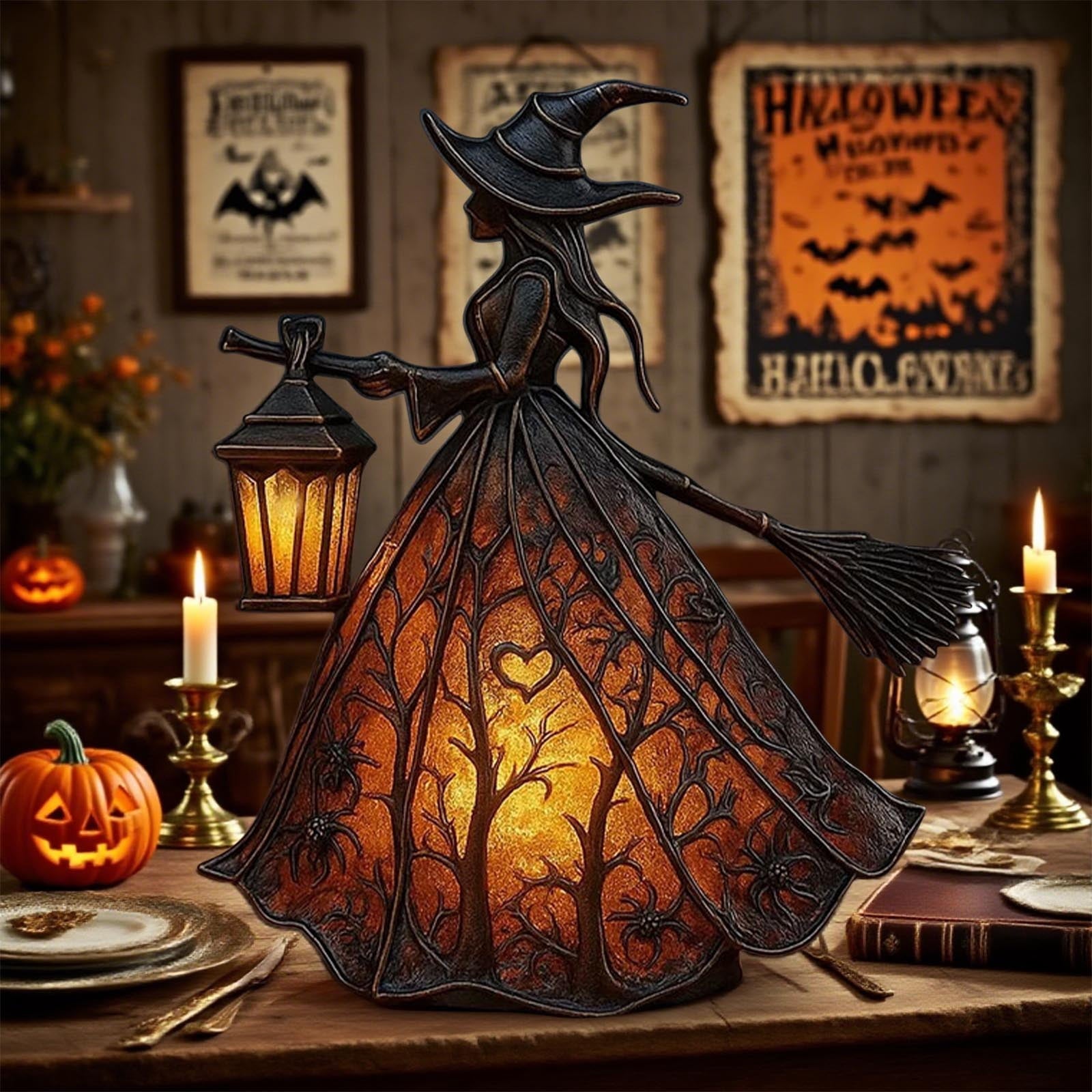 XEOVHV Halloween Witch Lamp, Light Up Witch Figurine, Spooky Table Night Light for Halloween Decoration, Stained Gothic Witches Led Lamp, Holiday Decorations for Bedroom