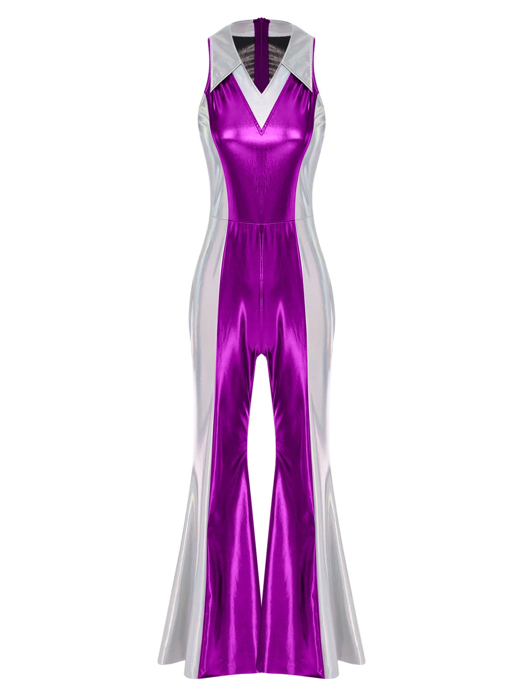 YiZYiF Womens 70s 80s Disco Costume Shiny Metallic Flared Pants Jumpsuit for Dance Party Halloween Gold S