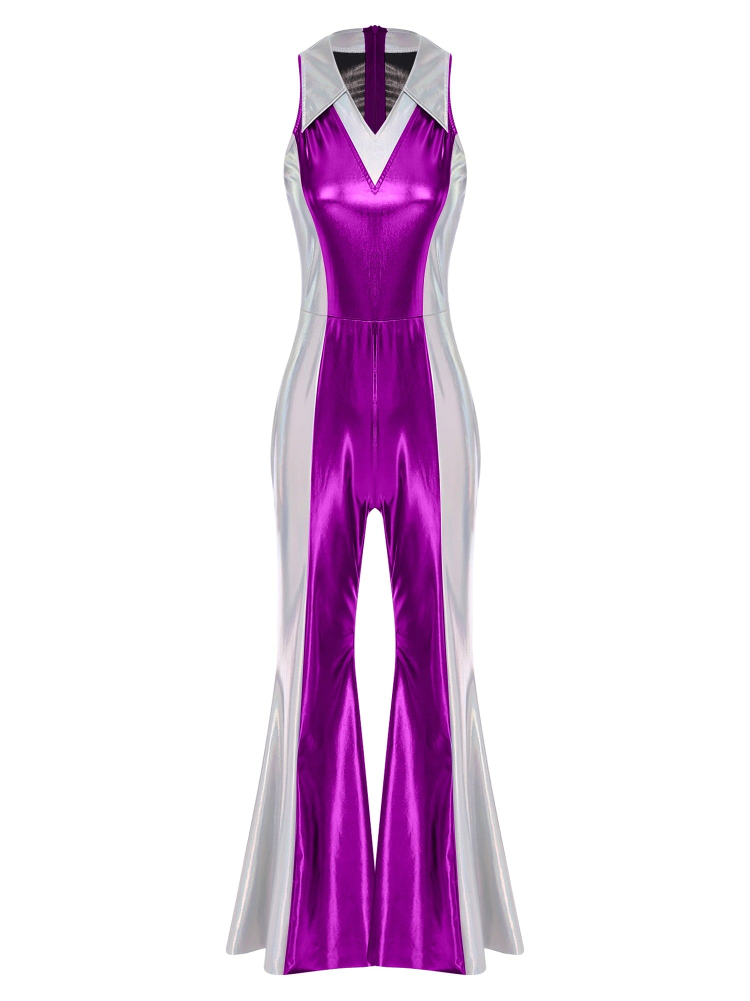 YiZYiF Womens 70s 80s Disco Costume Shiny Metallic Flared Pants Jumpsuit for Dance Party Halloween Gold S