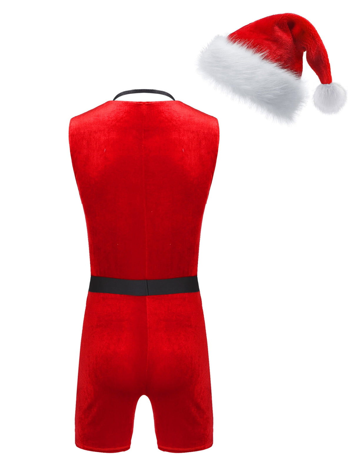 TiaoBug Men Christmas Santa Claus Cosplay Costume Boxers Leotard Bodysuit with Hat Xmas Party Outfits B Red XL