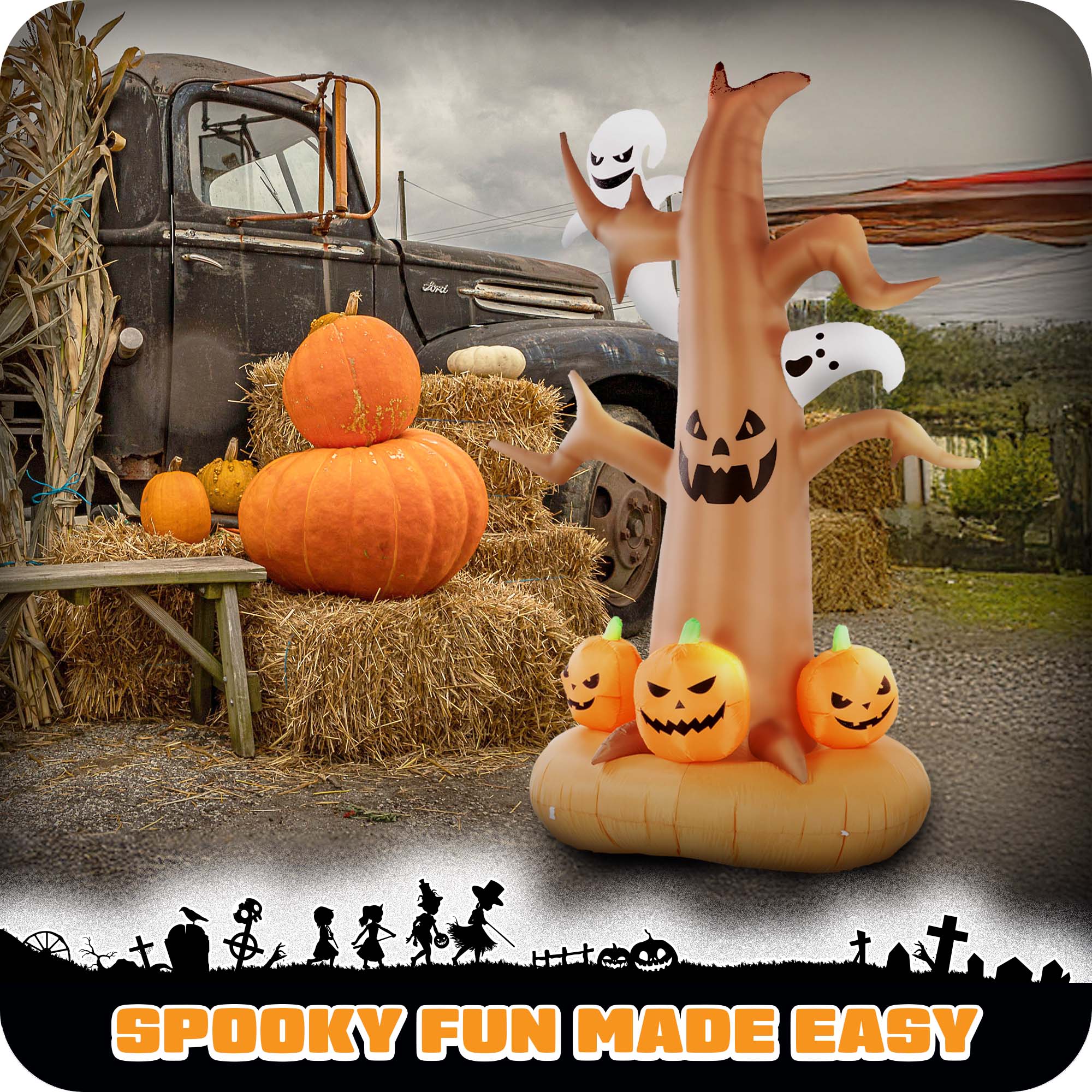 G128 8ft Halloween Haunted Tree Inflatable with Ghosts Pumpkins LED Lights Outdoor Yard Decor