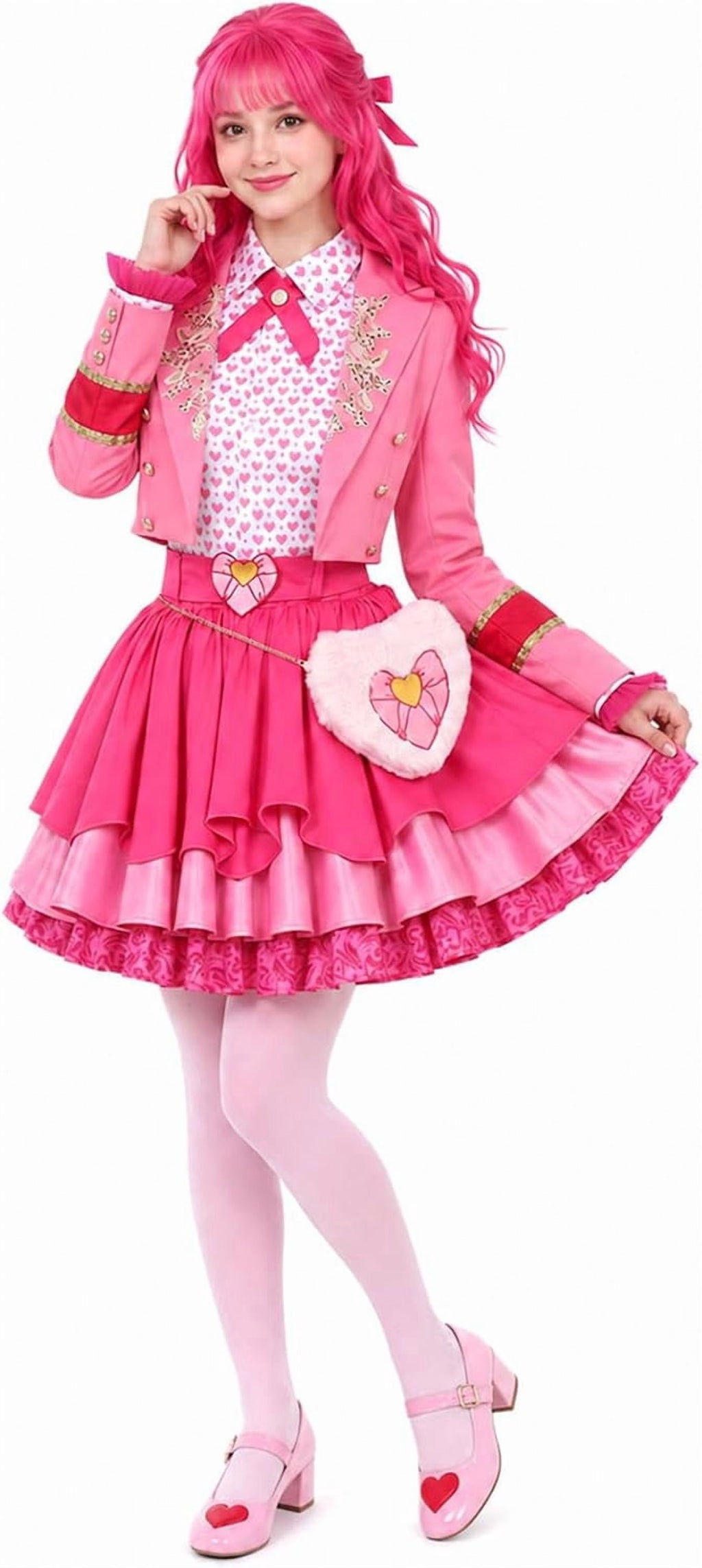Guvpev G'irls Halloween Princess Costume, Pink Princess Dress Full Set with Heart Print Jacket, Shirt, Layered Skirt & Fuzzy Bag, Halloween Cosplay Outfits for Birthday Party & Fancy Dress Up