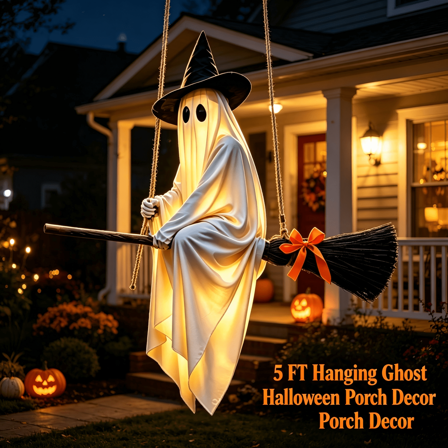5 FT DIY Hanging Swing Ghost Halloween Decor, Light-Up Flying Ghost on Broomstick with Witch Hat, Spooky Cute Outdoor Halloween Decorations for Front Porch Yard Tree (Remote-controlled light-up )