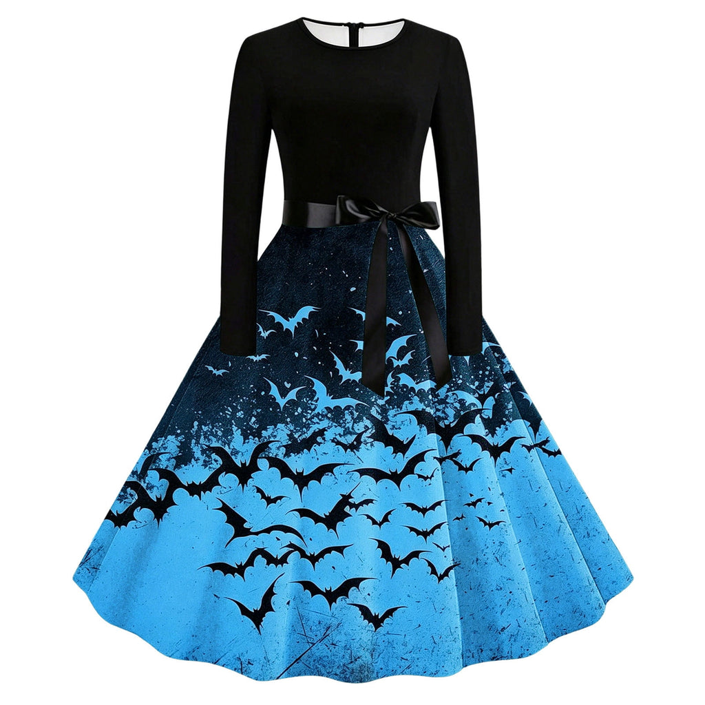 Women's Vintage Halloween Bat Print Swing Dress Long Sleeve 1950s Retro A-Line Midi Dresses with Satin Sash Belt for Gothic Cosplay Evening Prom Party