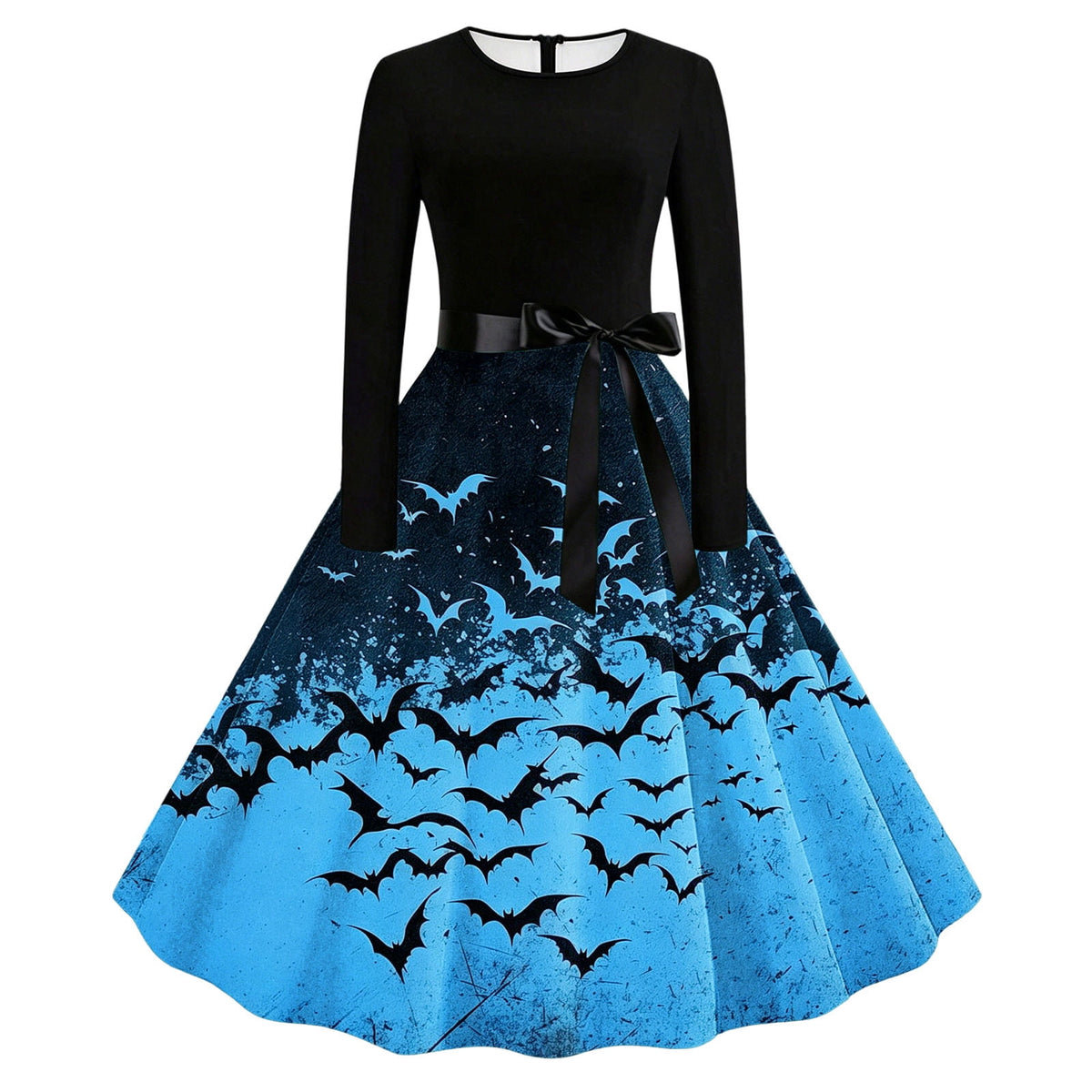 Women's Vintage Halloween Bat Print Swing Dress Long Sleeve 1950s Retro A-Line Midi Dresses with Satin Sash Belt for Gothic Cosplay Evening Prom Party