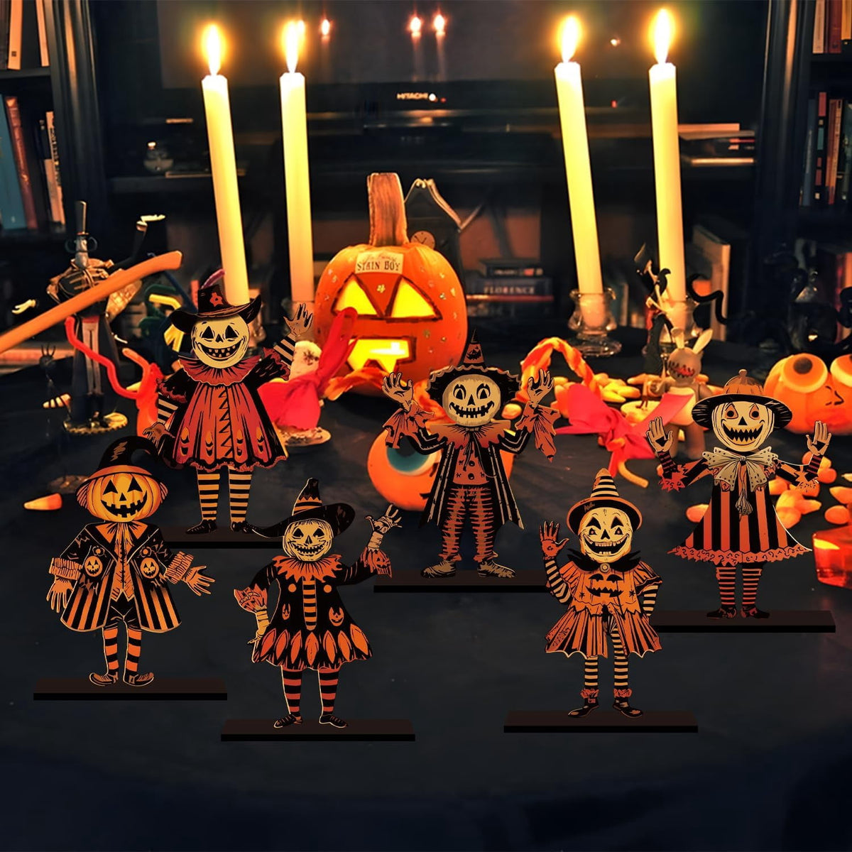 Lanfubeisi 6pcs 6.3x4.2inch Vintage Halloween Decor Wood Table Centerpieces Horror Spooky Scarecrow Pattern Vintage Halloween Decorations Party Table Centerpieces for Home