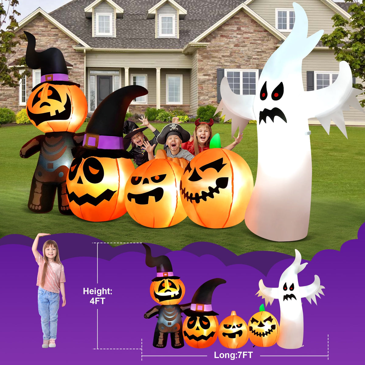 Yexmas Halloween Inflatables, 7 FT Long 4 Pumpkins with Cute White Ghost Outdoor Decorations, Built-in LEDs, Blow Up Party, Waterproof Yard, Garden, Lawn Decor