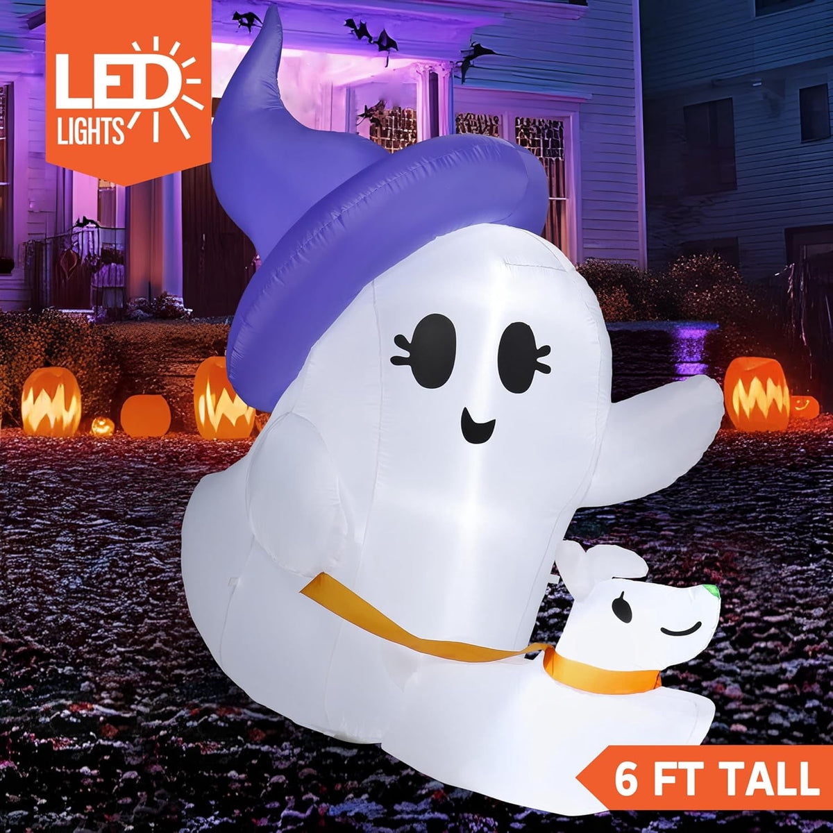 Joyfy 5ft Halloween Inflatables Light up Cute Ghost,Blow Up Ghost Lift Pumpkin Candy Bag with Build-in LEDs for Yard Decorations