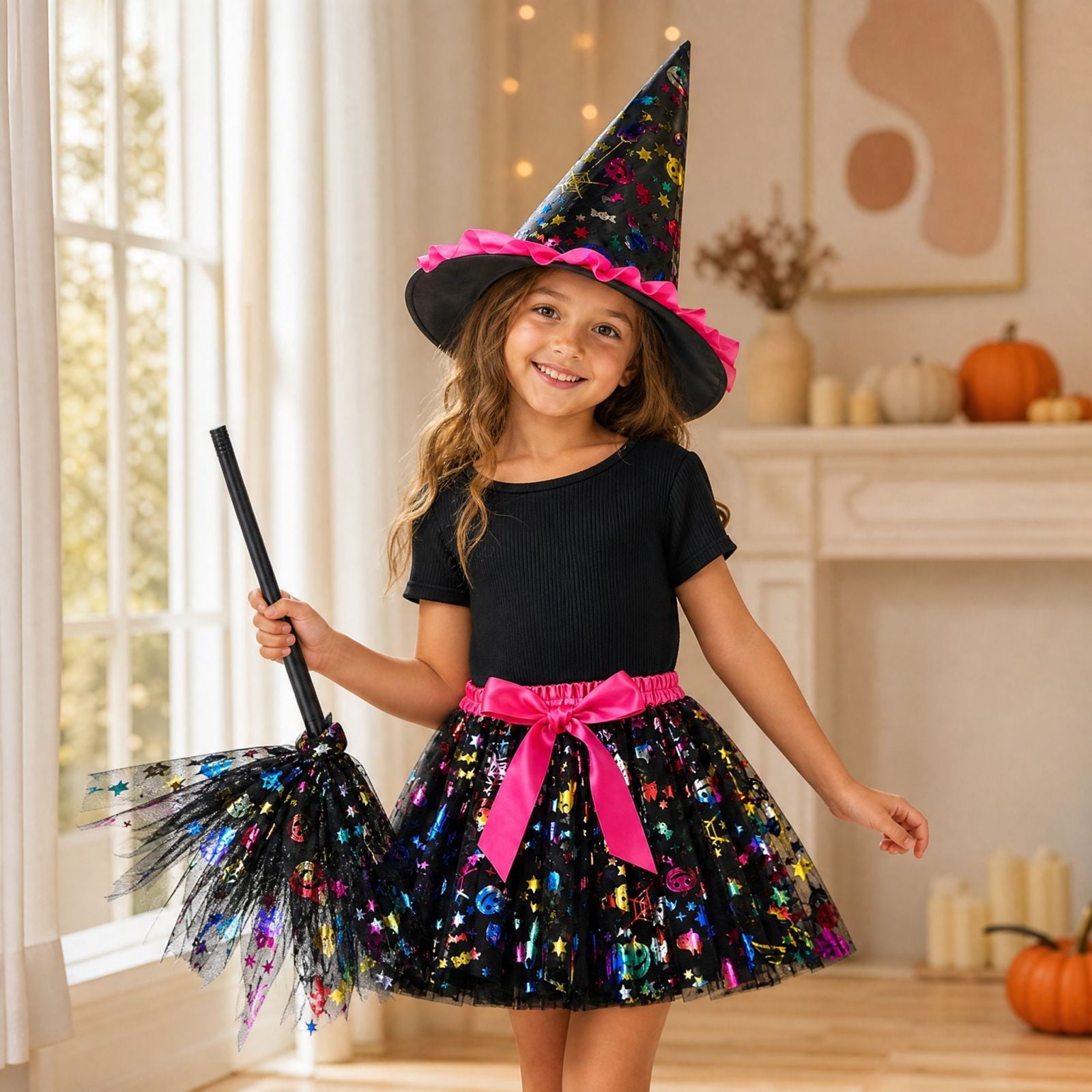 choiix Witch Tutu Skirt and Hat Set with Broomstick Halloween Costume Outfit with Printed Tulle Skirt and Witch Hat Cosplay Outfit for Party 100