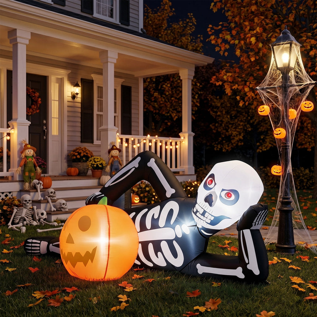 7ft Halloween Inflatable Lying Skeleton with 7 LED Lights for Lawn Decor