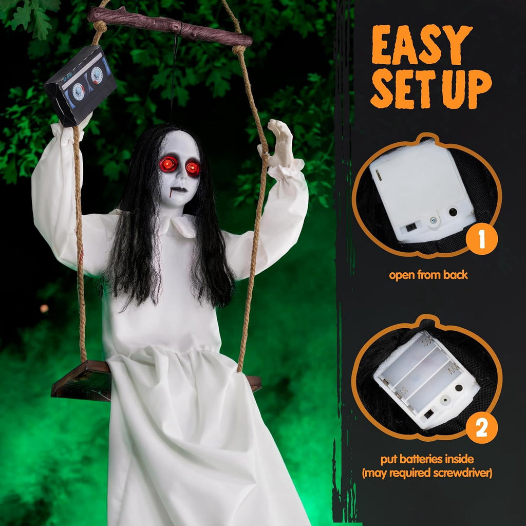Joyfy 3 FT Halloween Hanging Swinging Skeleton,Light Up Creepy Grim Reaper with Black Hood Decorations for Halloween Hanging Decorations Indoor Outdoor Yard Home Decorations