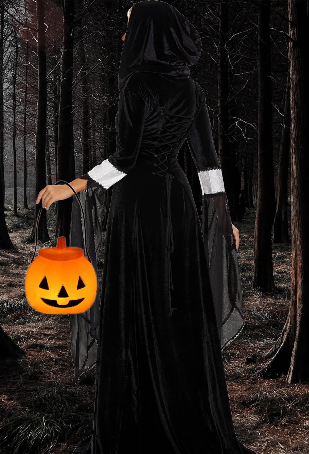 Halloween Witch Costume Women, Deluxe Witch Dress Costume, Vintage Embroidered Renaissance Gothic Hooded Vampire Gown Dress Cosplay Costumes Black M