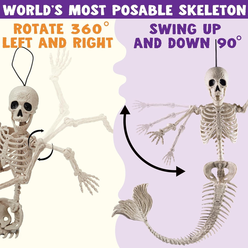 Joyfy 24 Inch Halloween Skeleton Decor with LED Light Eyes,Posable Skeleton Halloween Prop Full Body with Movable Joints for Haunted House Indoor Outdoor Decoration Spooky Decor