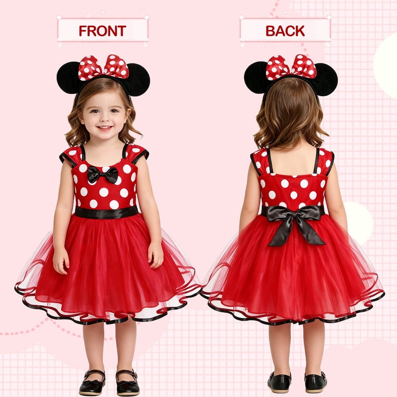 Jurebecia Girls Red Polka Dot Tutu Dress with Bow Headband, Baby Toddler Party Costume for Birthday & Cosplay (110 cm)