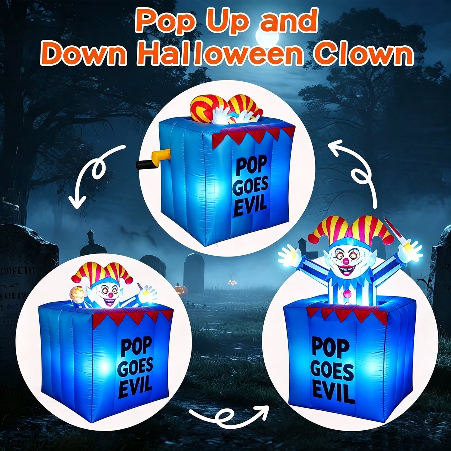 COCOBELA 6.6 FT Pop Up and Down Halloween Clown Inflatable,Carnival Clown in Box Inflatable with Built-in LED Lights, Blow Up Yard Decor for Circus Party Outdoor Lawn Garden