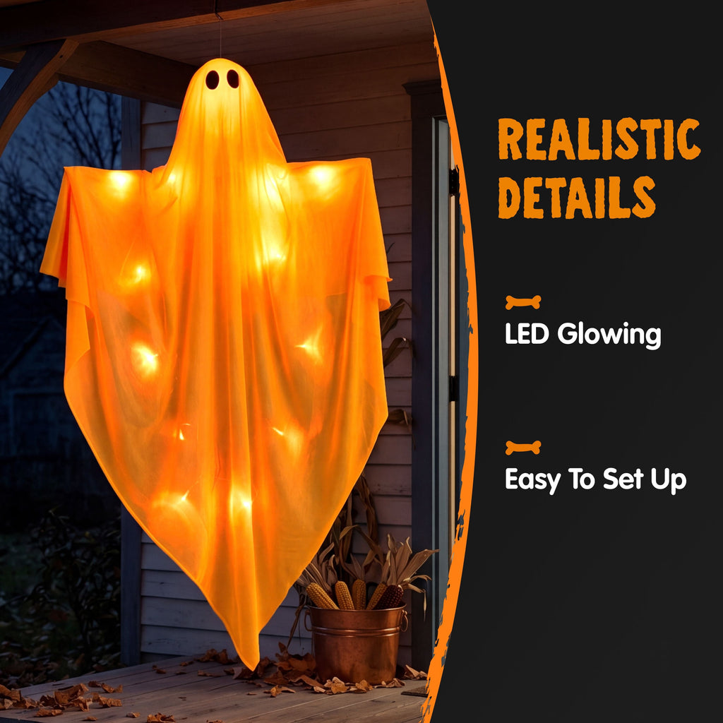 Joyfy 47" Halloween Hanging Light up Ghost Decorations Outdoor,White Ghosts with Blue LED Light and Timer Halloween Hanging Decoration Waterproof for Front Yard Patio Lawn