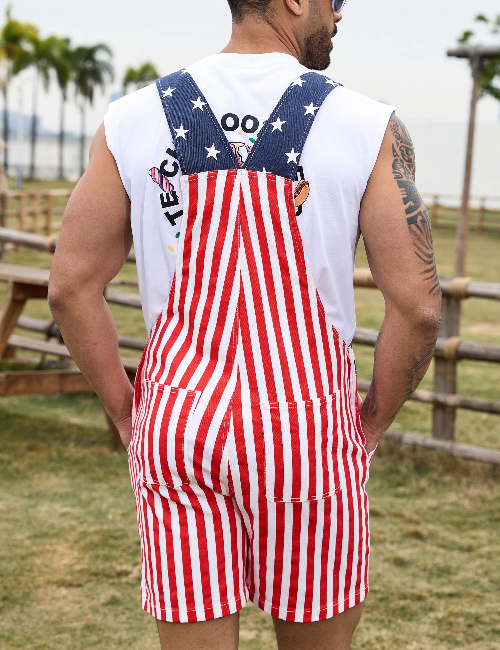 250th Anniversary American Flag Overalls Men,4th of July Cape,USA Sunglasses,Patriotic Socks,4 Pcs for Independence Labor Day(Red White and Blue,L)