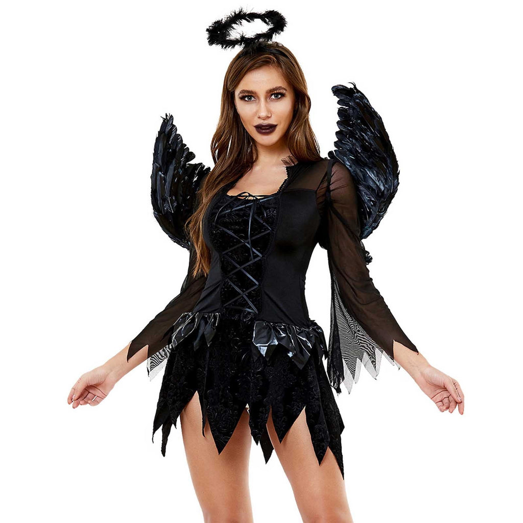 Odeerbi Dresses for Women Winged Black Angel Clothing Short Sleeve Square Neck Dress Black