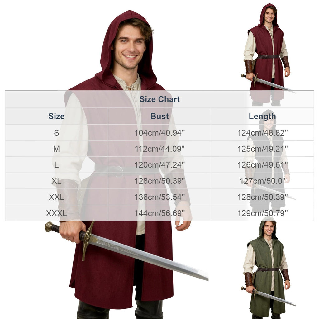 Virmaxy Halloween Costume Men's Hooded Sleeveless Tunic Costume with Belt Halloween Loose Fit Renaissance Medieval Party Cosplay Fighter Outfit Army Green