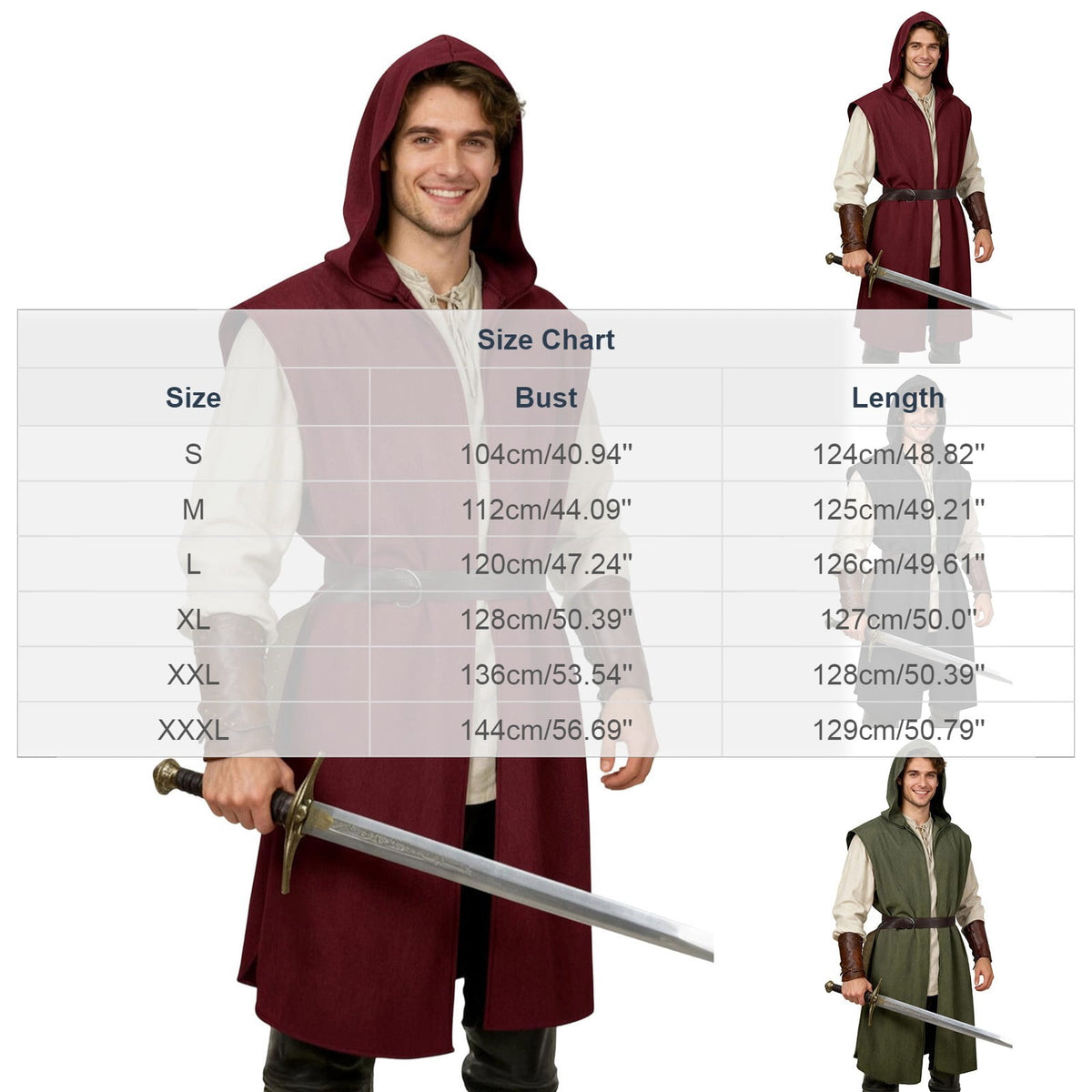 Virmaxy Halloween Costume Men's Hooded Sleeveless Tunic Costume with Belt Halloween Loose Fit Renaissance Medieval Party Cosplay Fighter Outfit Army Green