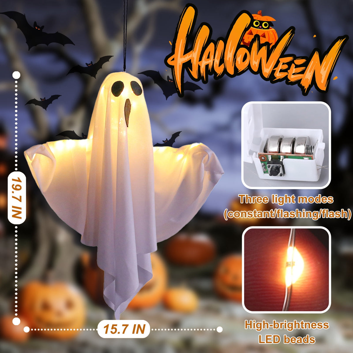 AGCAN Halloween Hanging Ghost Decorations, 2 Pack 19.69" Screaming Ghosts with 3 Lighting Modes for Outdoor Yard Tree Porch Garden Party Holiday Decor