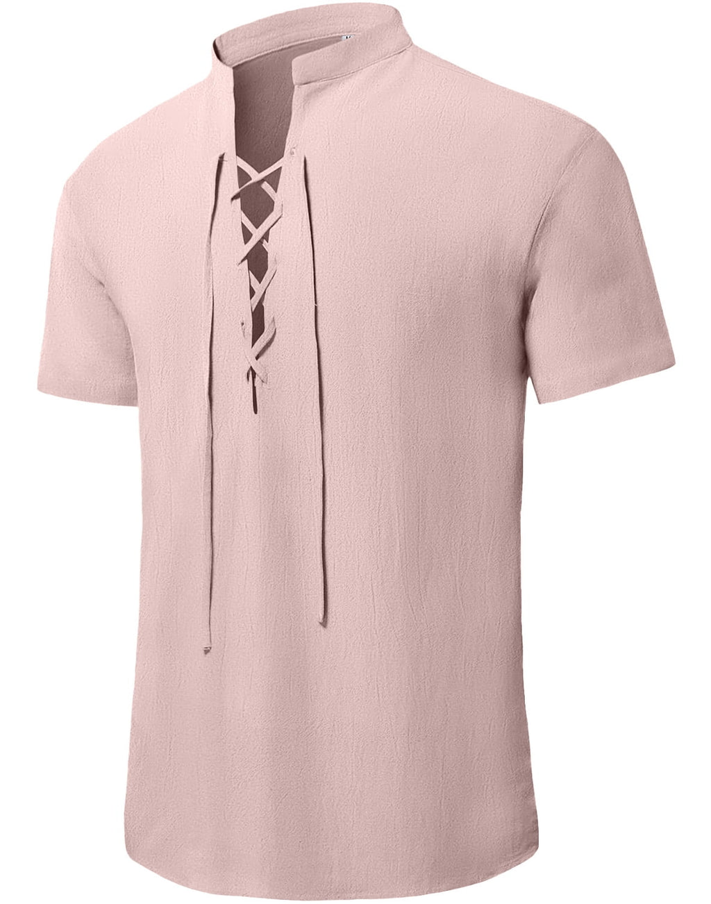 HAOMEILI Men's Cotton Linen Lace-Up V-Neck Short Sleeve Shirt
