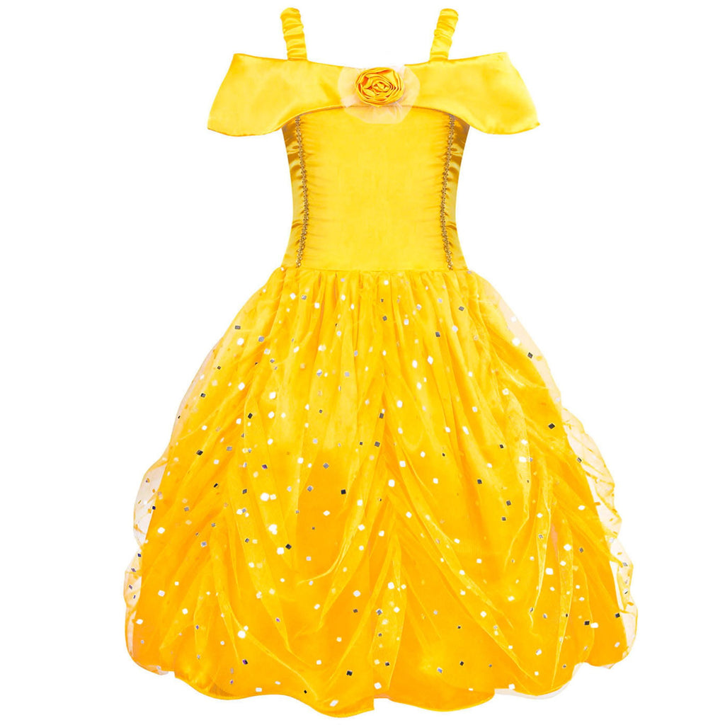 Jurebecia Princess Dress for Girls Costume Kids Off Shoulder Layered Toddler Halloween Cosplay Birthday Party Outfit up Yellow 120 cm 5-6 Years