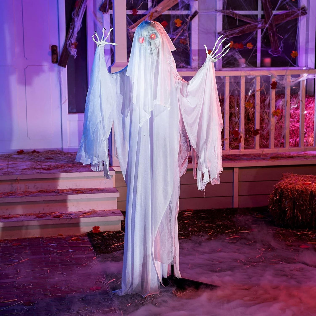 Joyfy 67" Standing Grim Reaper with Chain, Large Halloween Decorations Outdoor, Life Size Animatronics Skelton, Sound-Actived Party Decor with Creepy Sound & LED Eyes, Scary Haunted House Props