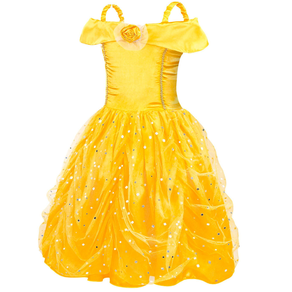 Jurebecia Princess Dress for Girls Costume Kids Off Shoulder Layered Toddler Halloween Cosplay Birthday Party Outfit up Yellow 120 cm 5-6 Years