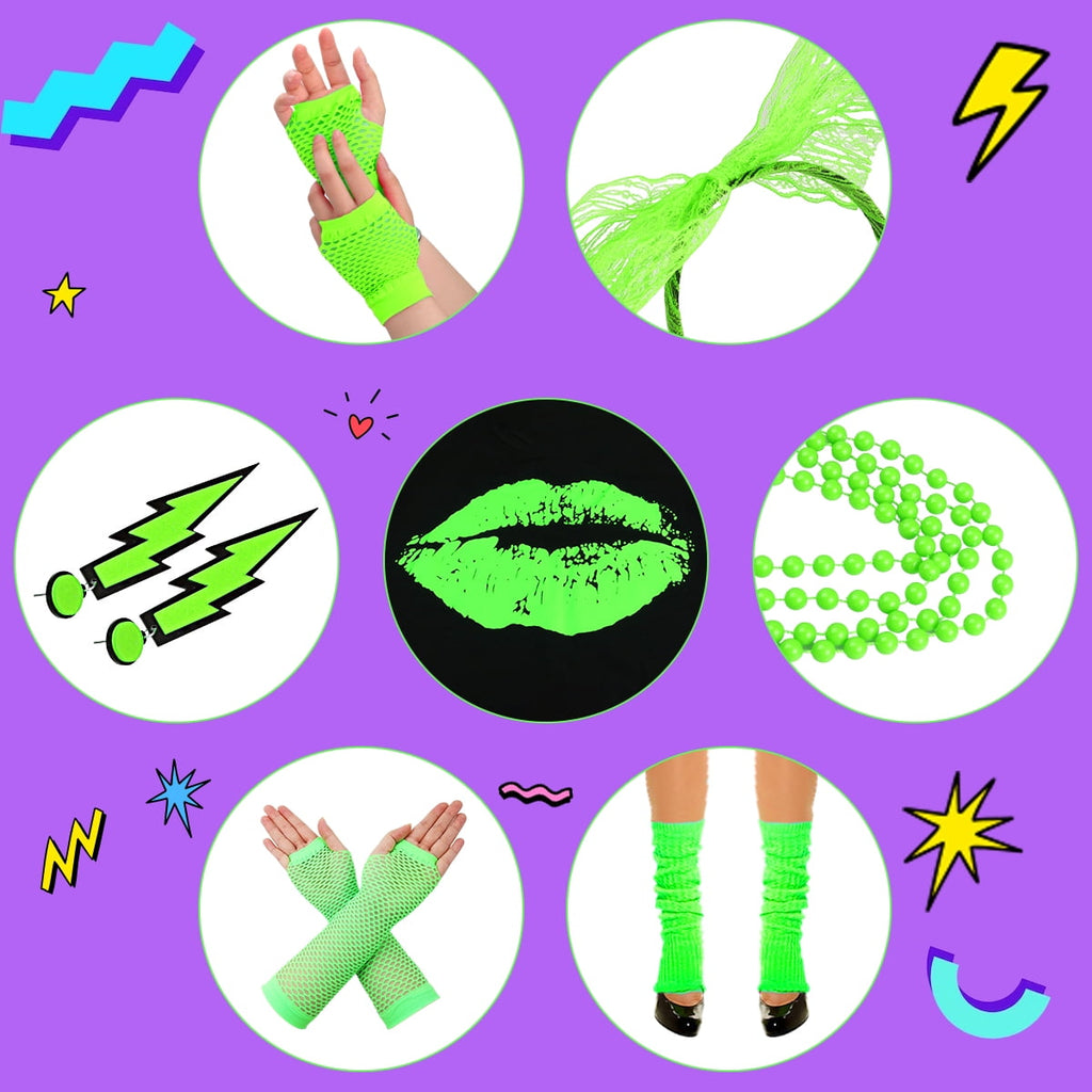 80s Costume for Women,80's Off Shoulder T-Shirt Headband Earring Necklace Fishnet Gloves Legwarmers for Women 80s outfit for 80s Party 22PCS