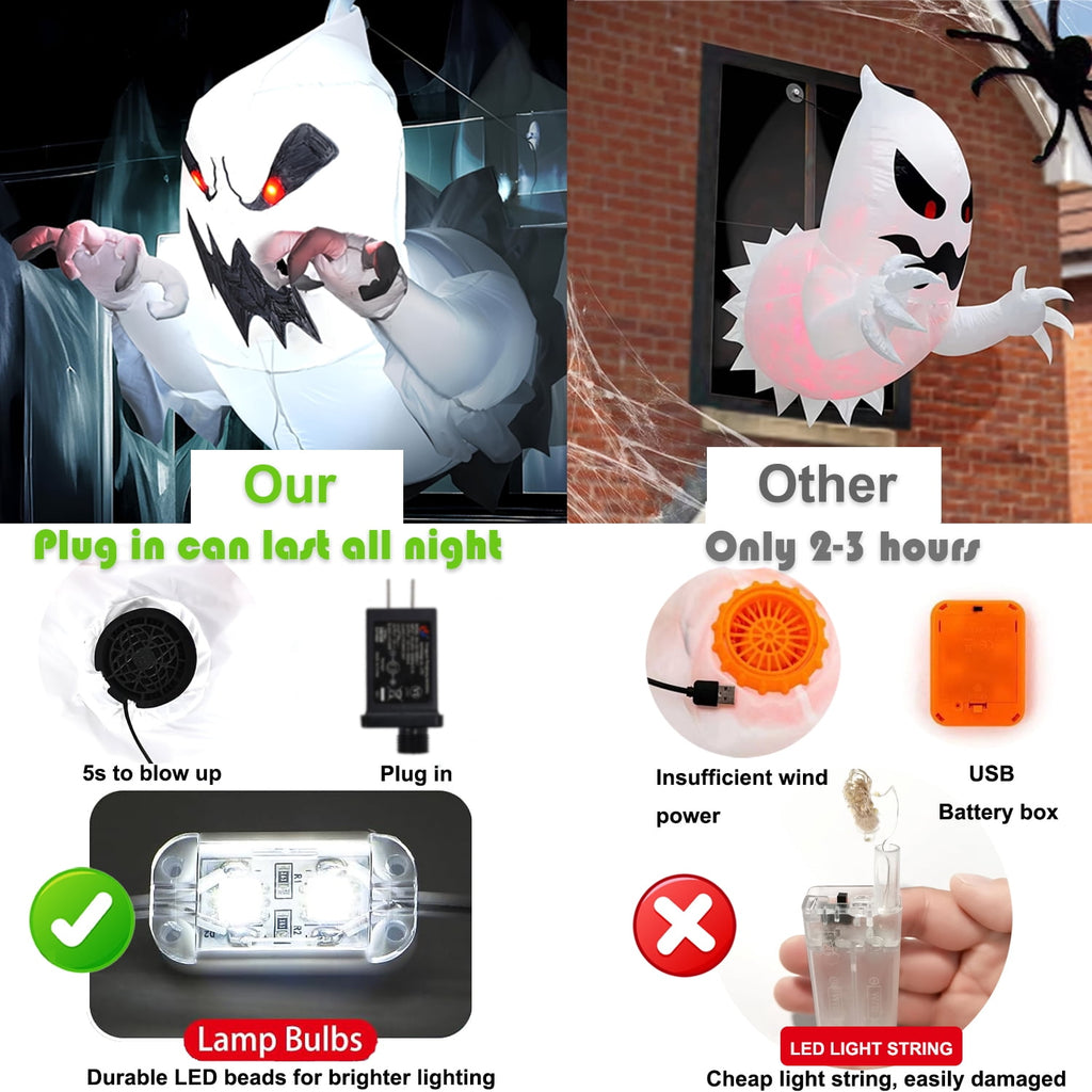 KINQUINN 3.3 ft Halloween Ghost Inflatable Breaking From Window, blow-up Spooky Decor For Yard Garden Lawn Party