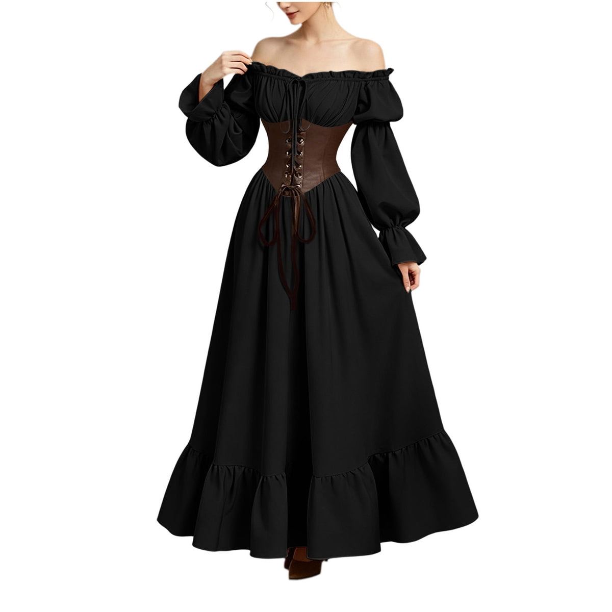 QATAINLAV Renaissance Costume Women Vintage Medieval Dress Cold Shoulder Short Sleeve Peasant Pirate Irish Maxi Dresses, Black, L