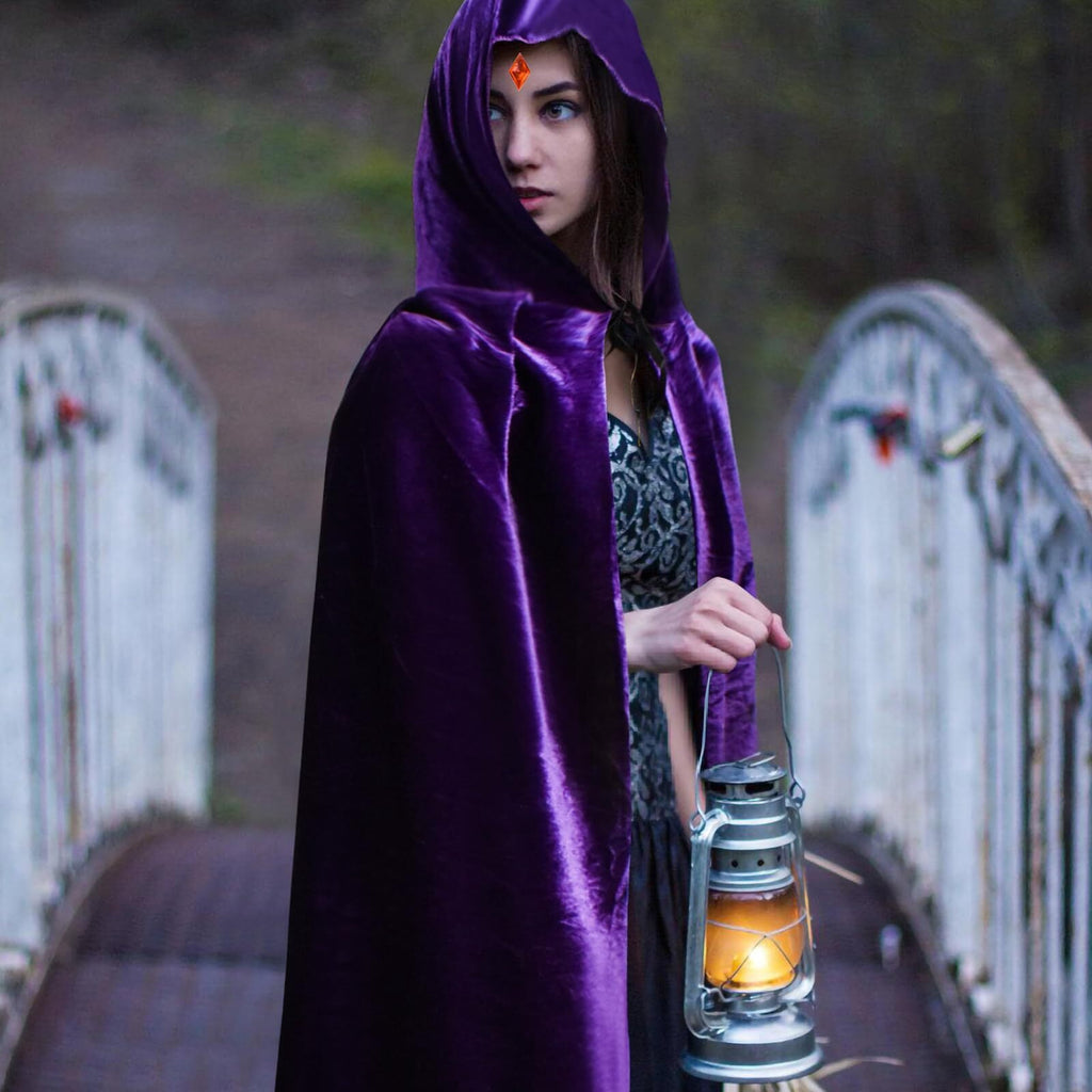 Women's Halloween Cosplay Costume Purple Hooded Cloak Cape Long Sleeve Bodysuits with Adjustable Red Gem Waist Belt