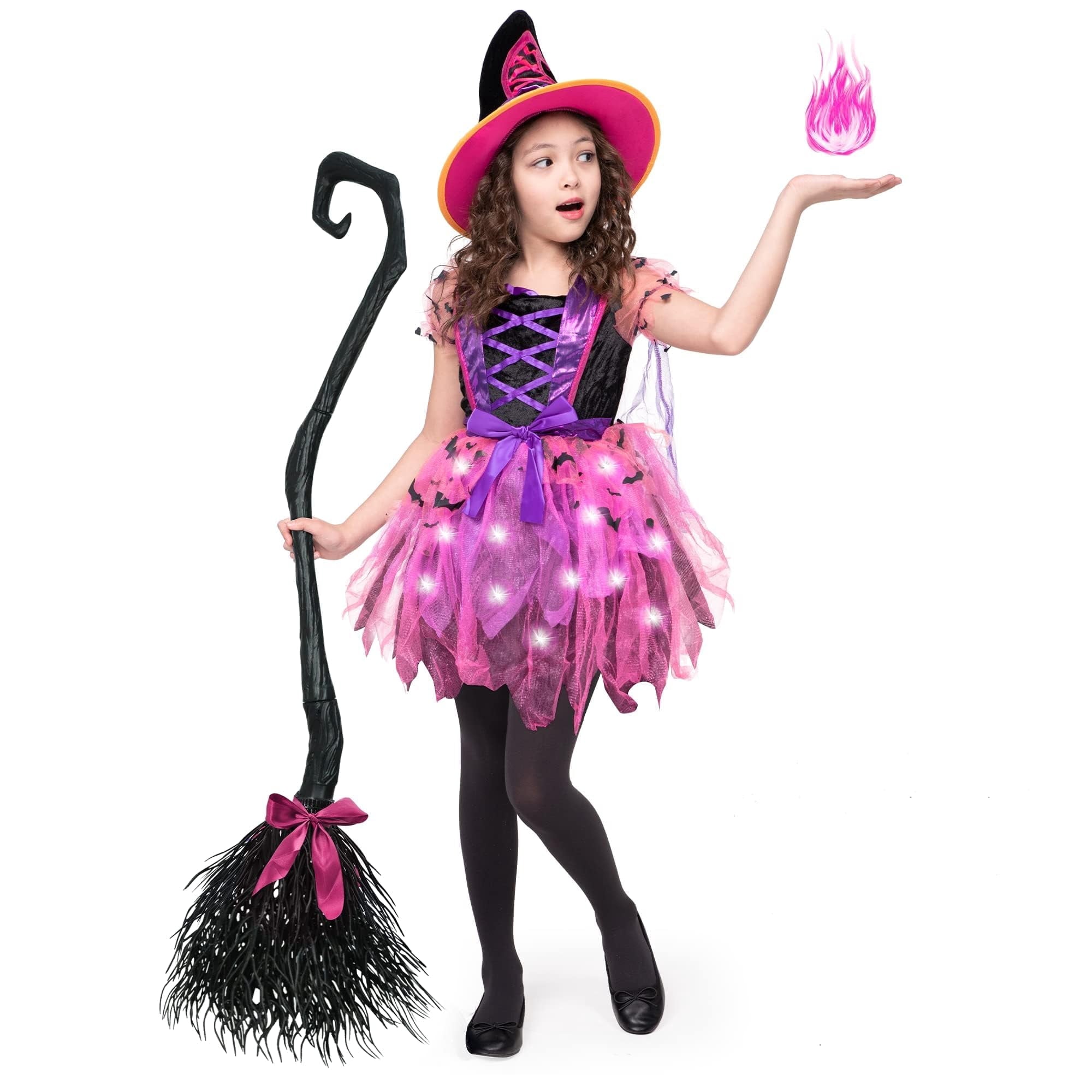 Joyfy Kids Witch Costume, Girls Light Up Witch Costume with Hat and Broom Outfits Set for Toddler Halloween Dress up Cosplay