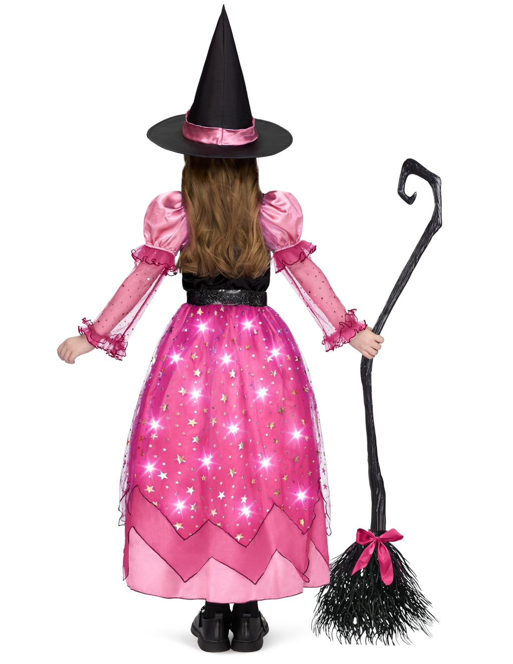 Joyfy Light Up Witch Costume Set for Girls, Starry Witch Dress with Broom Belt Hat for Kids and Toddlers, Perfect for Halloween Party Dress-Up Cosplay (5-12 Years)