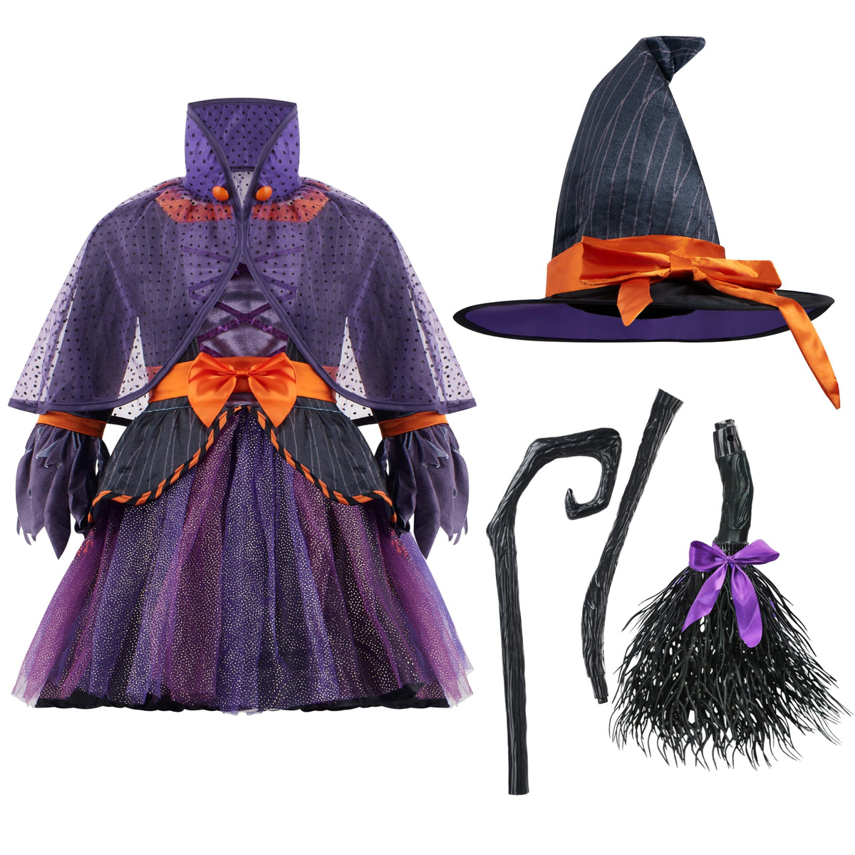 Joyfy Witch Costume for Girls, Purple Witch Dress with Broom Hat for Kids and Toddlers Halloween Dress up Parties