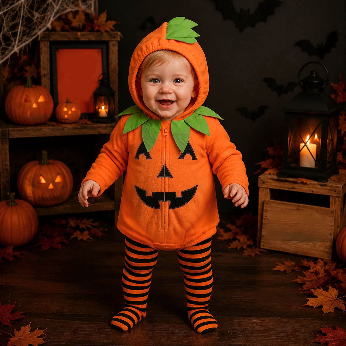 Newborn Infant Cute Jack-O-Lantern Costume Halloween Bodysuit and Striped Leggings Set Fall Holiday Fancy Dress Up Outfit for Boys Girls Party Festival