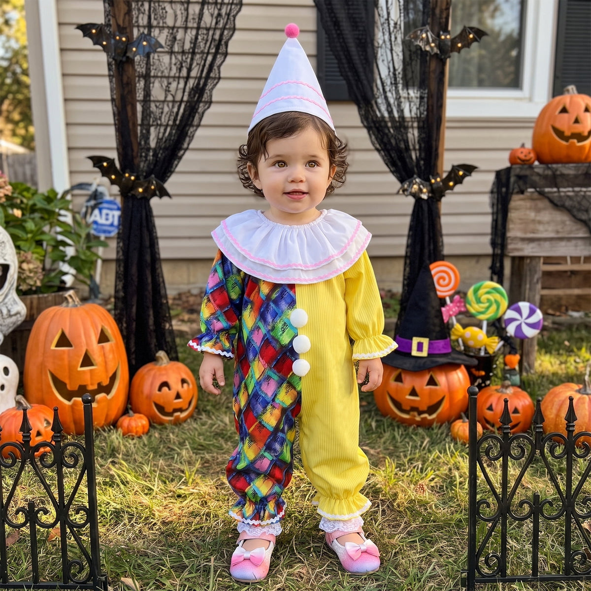 RUINIXCW Kids Toddler Baby Girl Boy Halloween Outfit Clown Costume Infant Baby Girl Boy Romper Birthday Photoshoot Outfit Contrast Color Long Sleeve Jumpsuit Hat