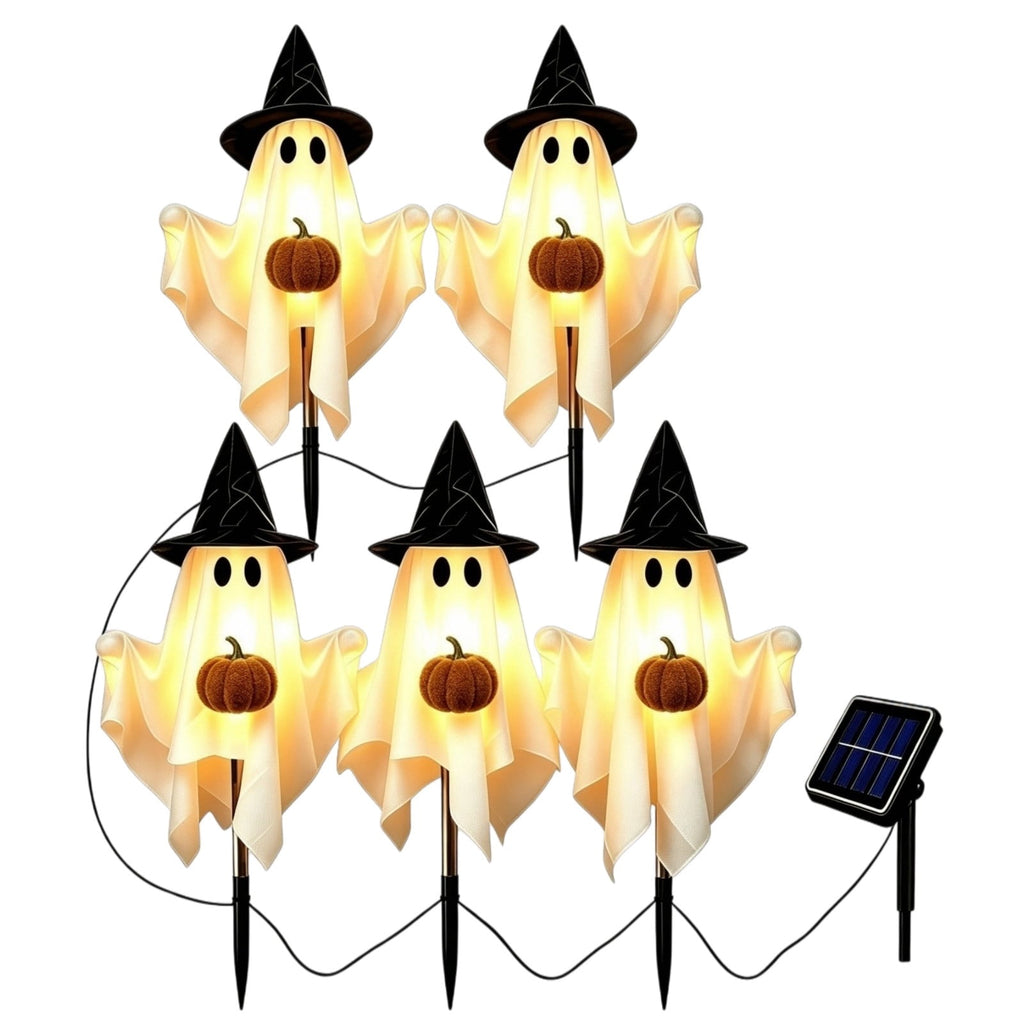 1-Pack Halloween Solar Lights with 8 Lighting Modes - Light Up Ghost Decorations for Outdoor, Witch Hat With Dimensional Pumpkin Halloween Ghost Path Lights