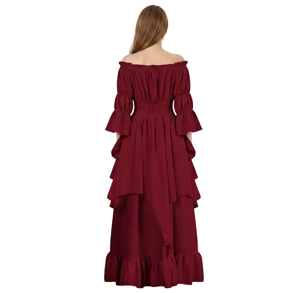 IROOZIGOTO Womens White Medieval Renaissance Maxi Dress Off Shoulder Long Flare Sleeve with Brown Lace Up Corset Belt Halloween Cosplay Costume