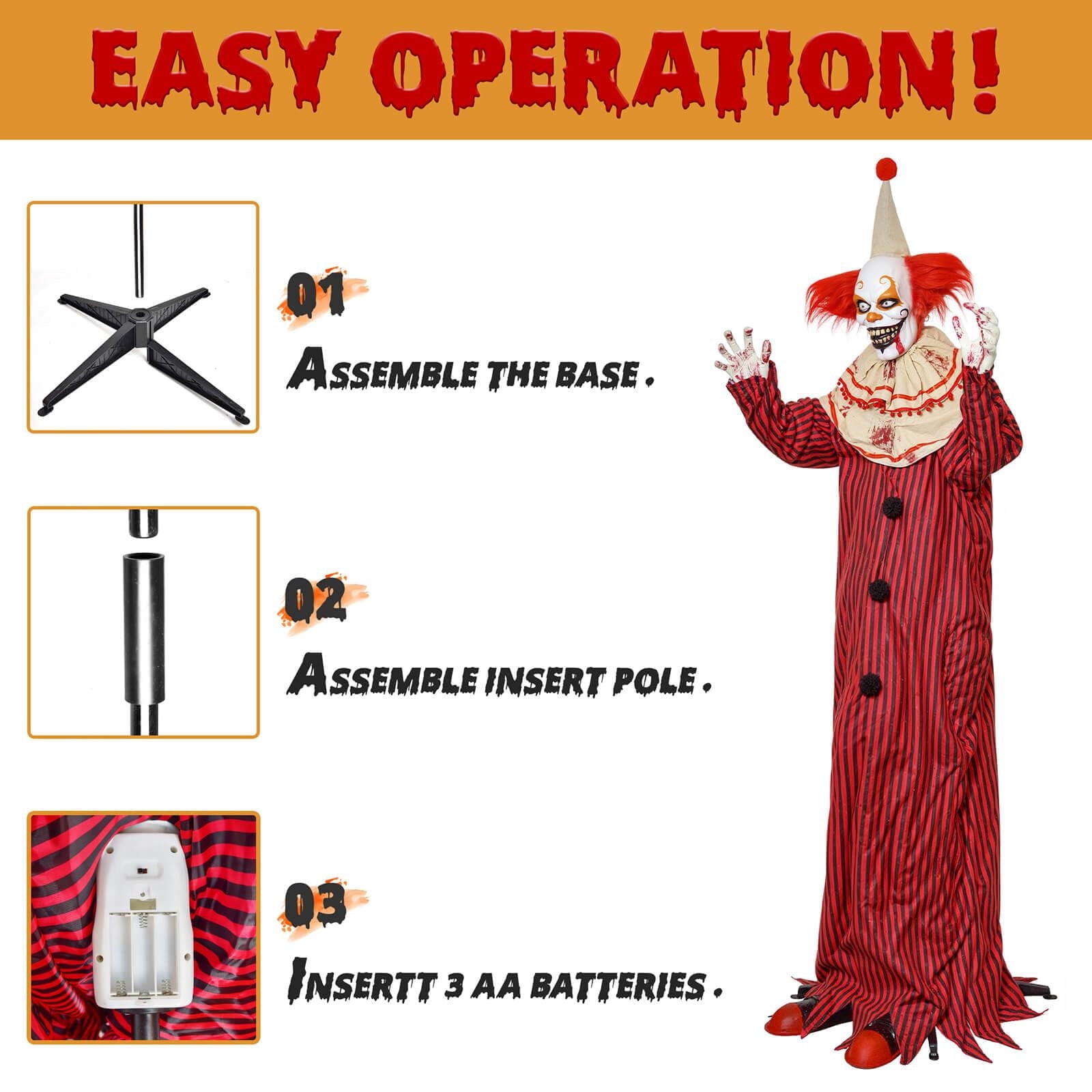 72" Halloween Decorations Outdoor Standing Animatronic Clown with Red Light Up Eyes, Motion and Sound Activated Moving Arms and Head, Scary Clown Halloween Yard Patio House Decor