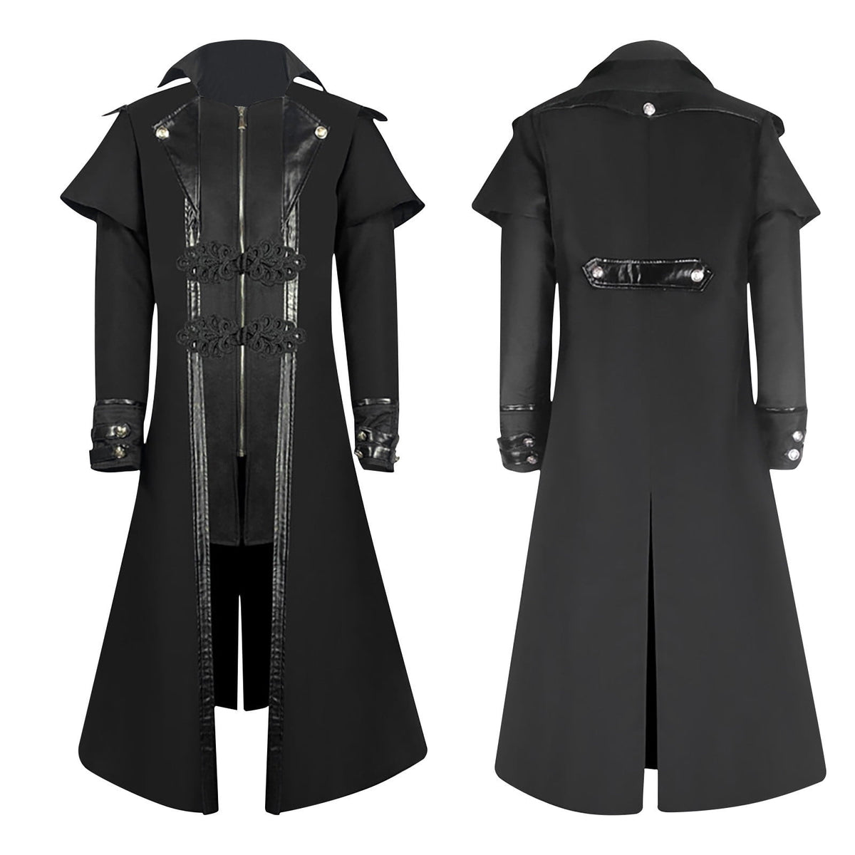 WREESH Mens Steampunk Long Trench Coat Gothic Vintage Tailcoat Jacket Lapel Zip Up Overcoat Leather Deco Lace Up Frock Coat Black